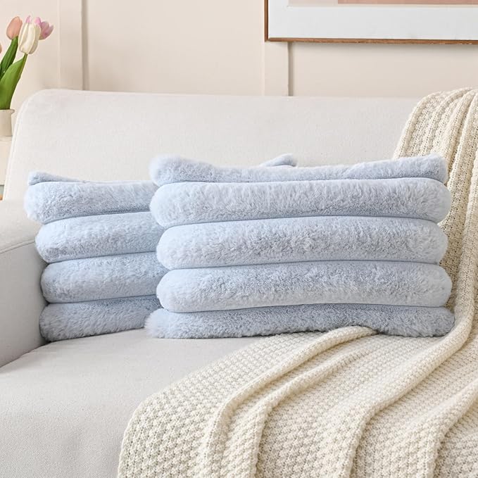 FUTEI Light Blue Decorative Throw Pillow Covers 12x20 Inch Set of 2, Square Soft Faux Rabbit Fur Thick Striped Lumbar Pillow Case,Spring Home Decor for Couch Bed Living Room