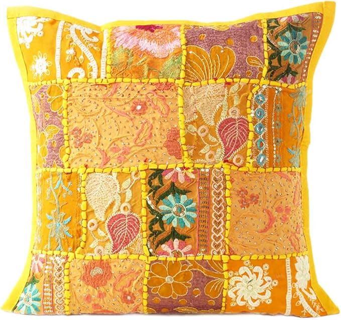 Eyes of India Decorative Patchwork Boho Throw Pillow Cover, Colorful Bohemian Cushion Case for Sofa Couch, Handmade Accent Bedroom Living Room (Yellow, 24" x 24")