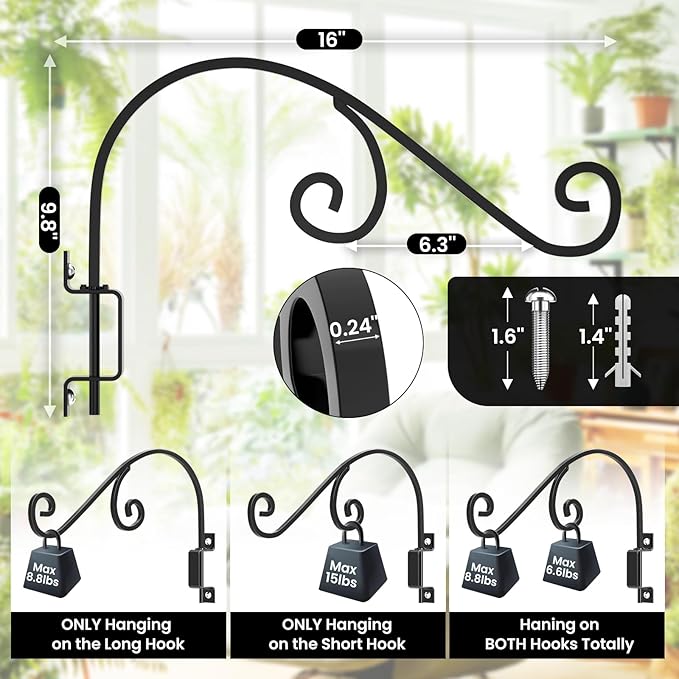 Swivel Plant Hangers Outdoor: 16 Inch Bird Feeder Plant Hanger Metal Wall Mount Hanging Plant Brackets Indoor Wall Hooks Outdoor for Hanging Baskets, Wind Chimes, Lanterns, Flower Pots, Black