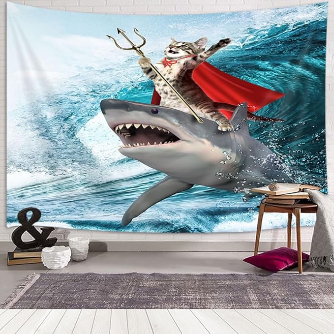 Viajar Cat Tapestry, Anime Animal Cat and Shark Wall Art, 71" x 60", Blue (Multi-color), Wave Pattern, Modern, Contemporary Style, Unframed, Waterproof, Bedroom Wall Decor