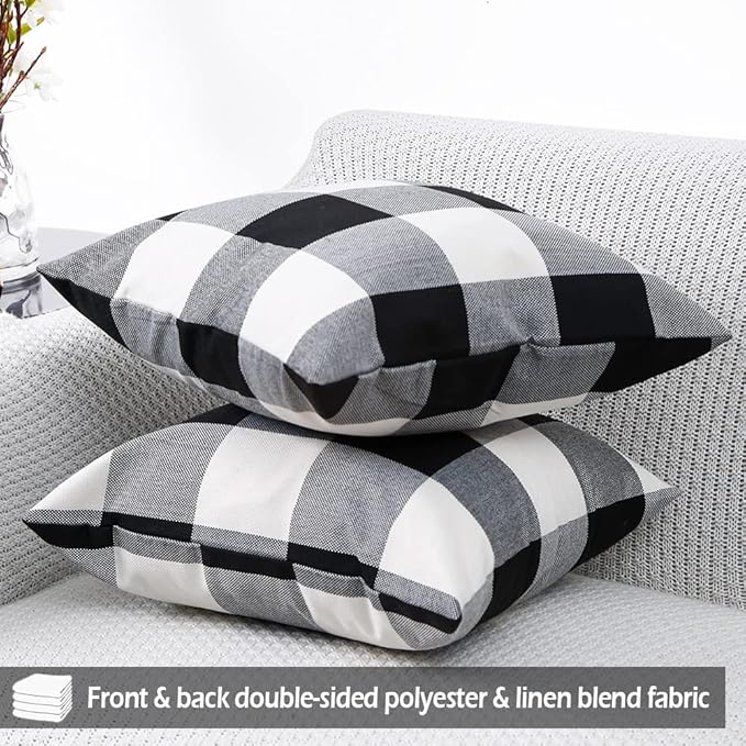 CARRIE HOME Black and White Buffalo Plaid Pillow Covers 20x20 Set of 2 Outdoor Linen Throw Pillow Covers Farmhouse Checkered Pillow Covers 20 x 20, Black Boho Decor for Couch Sofa