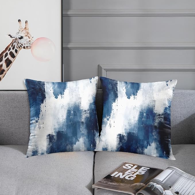 Britimes Throw Pillow Covers Modern Home Art Decor, 18 x 18 Inches Set of 2 Abstract Oil Painting Pillowcases for Bedroom, Living Room, Cushion Couch Sofa, Abstract White Navy Blue