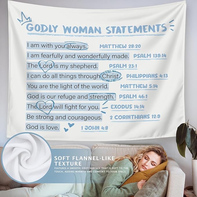 LIANGW Blue Bible Verses Christian Tapestry, Based Blue Room Decor Aesthetic, Inspirational Christian Tapestry for Women, Bible Aesthetic for Girls Bedroom for Dorm Room 50x60 Inch