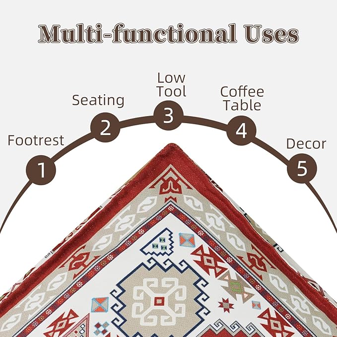 Unstuffed Pouf Cover Ottoman Footrest Bohemian Chenille Foot Stool Floor Bean Bag 20x20x8 Inches for Living Room Bedroom Home Decor (Red, Square)