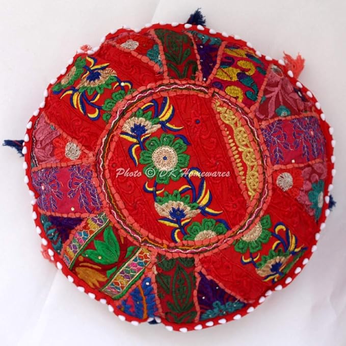 Indian Ethnic Floor Cushion for Kids Bohemian Red 18 Inch Patchwork Meditation Ottoman Stool Home Decor Embroidered Vintage Cotton Round Floor Pillow Adult 18x18