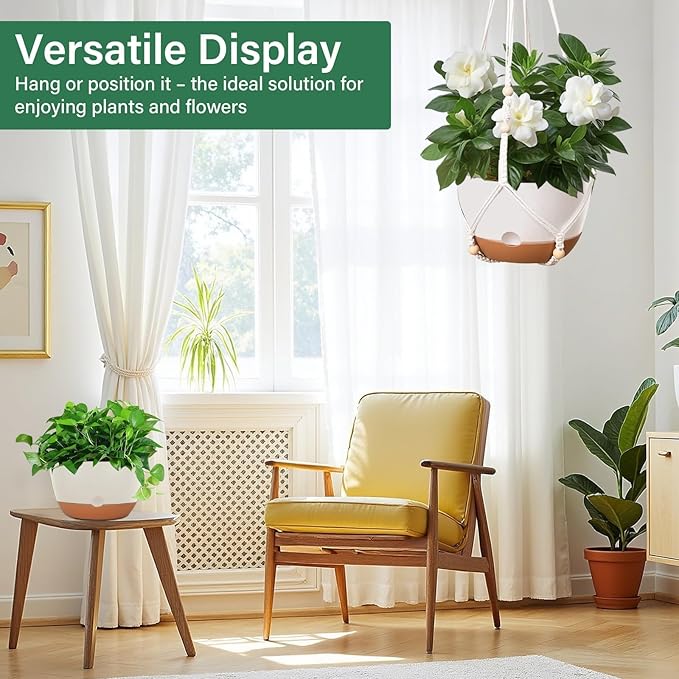 Hanging Planters for Indoor Plants, 2 Pack 10 Inch Self Watering Hanging Pots for Plants with Drainage Holes, Indoor Outdoor Hanging Flower Pots for Home Garden Ceiling Decor (White)
