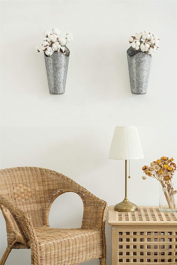 Mkono Galvanized Metal Wall Planter Farmhouse Wall Vase for Artificial Plants Flowers, Rustic Hanging Fake Flowers Holder Country Home Bedroom Living Room Decor Set of 2, Silver, Small