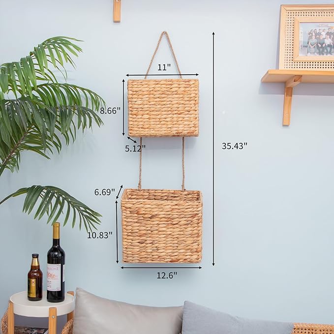YAHUAN Woven Water Hyacinth Hanging Basket 2-Tiered Rectangular Storage Baskets Over the Door Organizer Hanging Organizer Hanging Wall Basket for Home,Kitchen,Garden, Office (Rectangular)