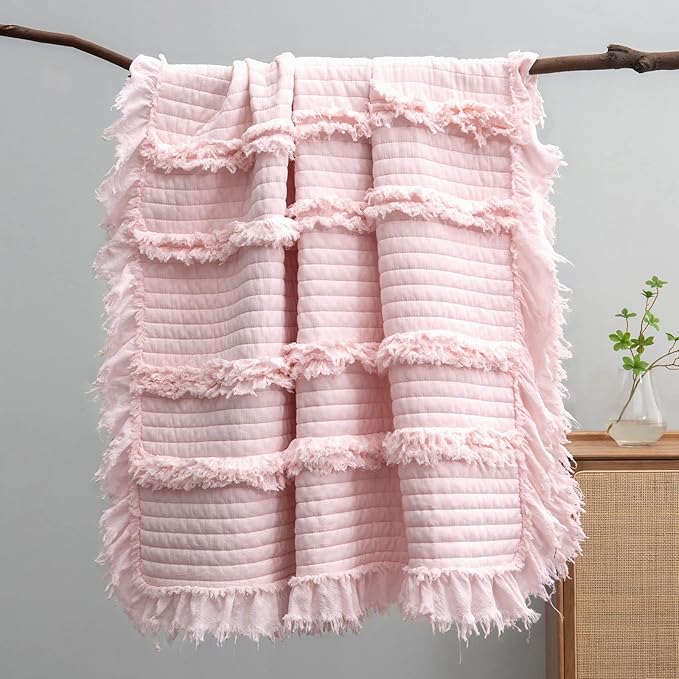 Ultra Soft Pre-Washed Quilted Boho Pink King Size Blankets for Bed, Ruffle Fringed Decorative Throw, Stone Washed Chic Rustic Blanket for Sofa Couch Bed, 104"*90"