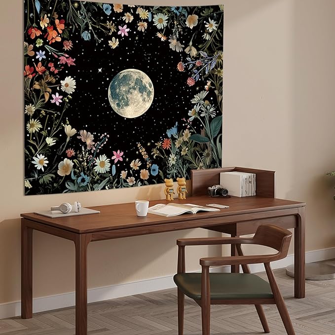 Apdidl Moon Floral Ceiling Tapestry for Bedroom Decor, Boho Flower Plant Garden Aesthetic Tapestries Wall Hanging, Black Nature Butterfly Wall Covering for Dorm Living Room (51"X60")
