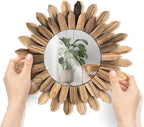 Wall Mirror Decorative, 12 inch Small Rustic Wood Boho Mirrors, Clear Sunburst Mirrors for Home Farmhouse Bedroom Entryway Decor House Warming Gifts New Home, No Distortion