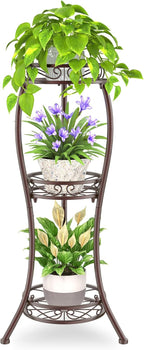 iDavosic.ly 3 Tier Tall Metal Plant Stand Indoor Outdoor, Wrought Iron Corner Flower Pot Holder Shelf, 34 Inch Vertical Display Rack for Patio Porch Living Room Garden, Bronze