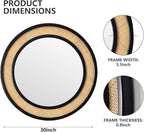 Round Rattan Mirror, 30" Circle Wall Mirror, Farmhouse Wooden Vanity Mirror with Handmade Wicker Frame, Decorative Boho Mirror for Nursery Bedroom Living Room Entryway Black