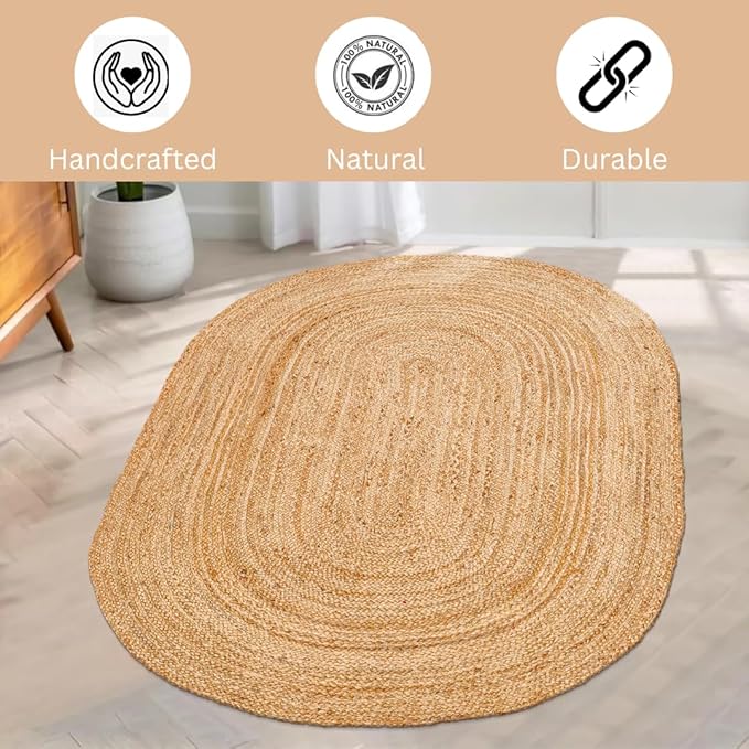 Handcrafted Jute Braided Rug 3x5 Feet Oval - 100% Natural Jute Area Rug - Rustic Farmhouse Boho Accent Rug for Living Room Bedroom Kitchen Entryway Reversible Handwoven Floor Rug