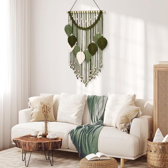 Weldomcor Macrame Wall Hanging Boho Leaf Woven Tapestry, Bohemian Chic Home Decor Modern Handmade Leaves Feather Wall Art Decorations for Bedroom Living Room Apartment Ornament 16.5"W X 31.5"L (Army Green)
