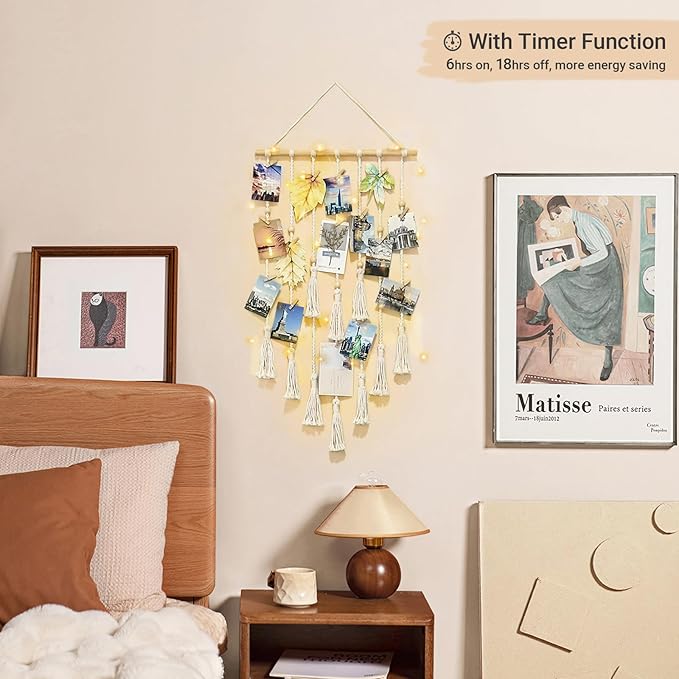 Mkono Hanging Photo Display Boho Macrame Wall Decor with Light, Teen Girl Teenage Gifts, Pictures Cards Frame Holder Art Hanger for Christmas Birthday Party Bedroom Dorm, with 30 Wood Clips, Ivory