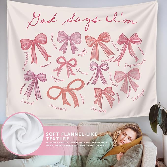 LIANGW Coquette Pink Bow Christian Tapestry Wall Hanging, Preppy Room Decor, God Says I am Christian Verse Wall Blanket Decor for Girls Room Dorm Apartment, 50x60 Inch