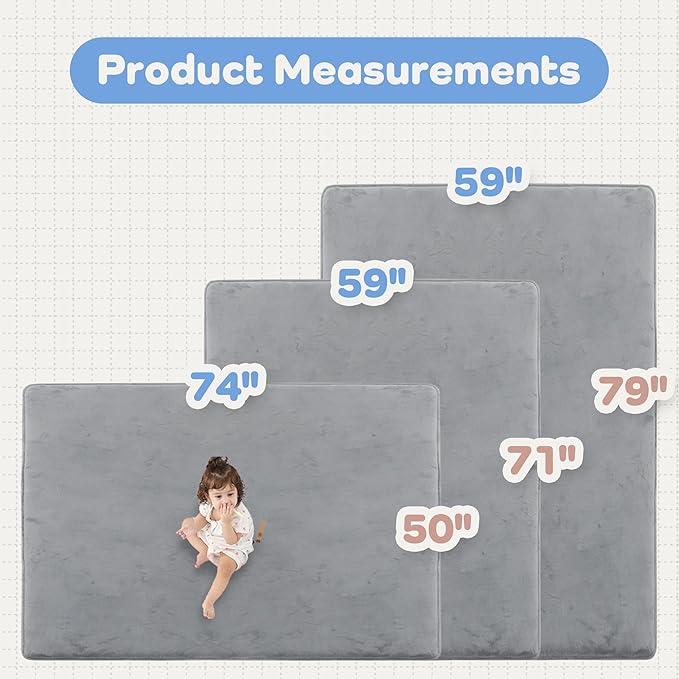 1.3" Thick Baby Floor Play Mat 59x71, Basic Padded Foam Mat for Tummy Time Crawling, Non Slip Cushioned for Babies Toddlers Infants Kids (Light Grey)