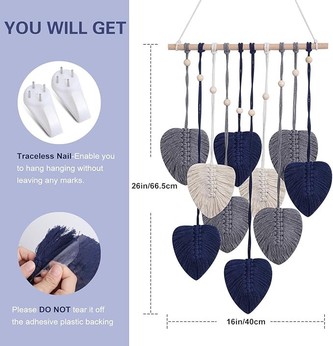Macrame Wall Hanging Decor Leaves Tapestry, Boho Wall Decor Woven Feather Handmade Yarn Tassels Macrame Wooden Hanging Decorations for Office,Living, Bedroom, Nursery,Apartment Room,16x26 Inch(Blue)