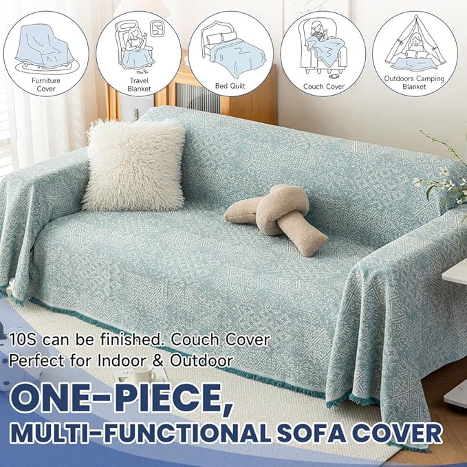 ROOMLIFE Blue Couch Cover Boho Sofa Covers for 3 Cushion Couch Washable, Furniture Protector Sofa Couch Cover for Dogs, Soft Breathable Sofa Slipcover, Couch Throw Blankets with Tassels 71''X134''