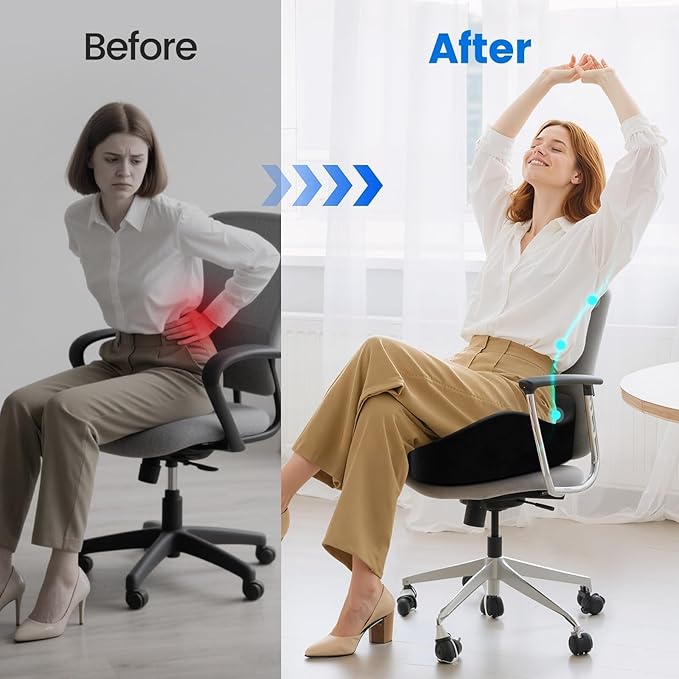 Seat Cushion with Carry Handle, Memory Foam for Tailbone/Sciatica Easing, Chair Cushions for Cars, Desks, Office Chair Cushion with Non-Slip Design, Ideal for Post-Surgery Recovery (Black)