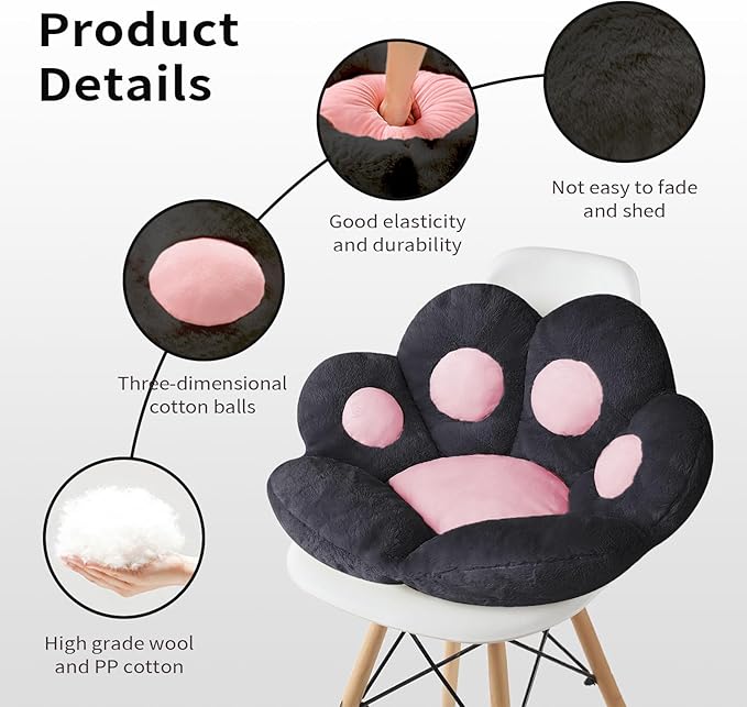 Ditucu Cat Paw Cushion Kawaii Chair Cushions 27.5 x 23.6 inch Cute Stuff Seat Pad Comfy Lazy Sofa Office Floor Pillow for Gaming Chairs Room Decor Black