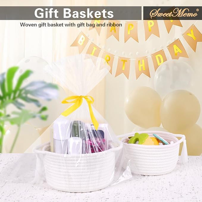 Gift Basket Empty Small - SweetMemo Cute Woven Rope Organizer Baskets for Baby Shower, Vanity, Makeup, Bathroom, Desk, Decor, Gifting - Small Decorative Storage Bins - Set of 2, Pre-Shaped, White