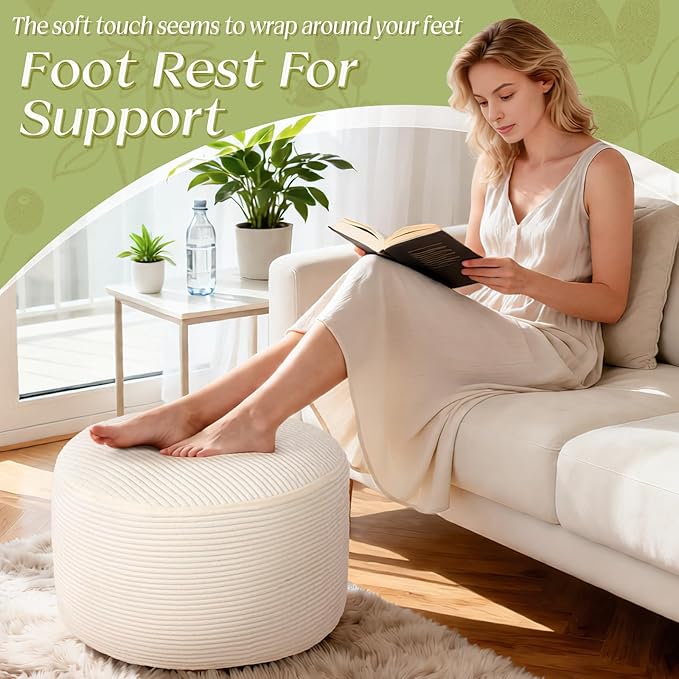 Round Corduroy Ottoman Foot Rest Pouf for Living Room Couch - Soft Plush Shredded Foam Filled Hassock Stool, Comfy Footstool