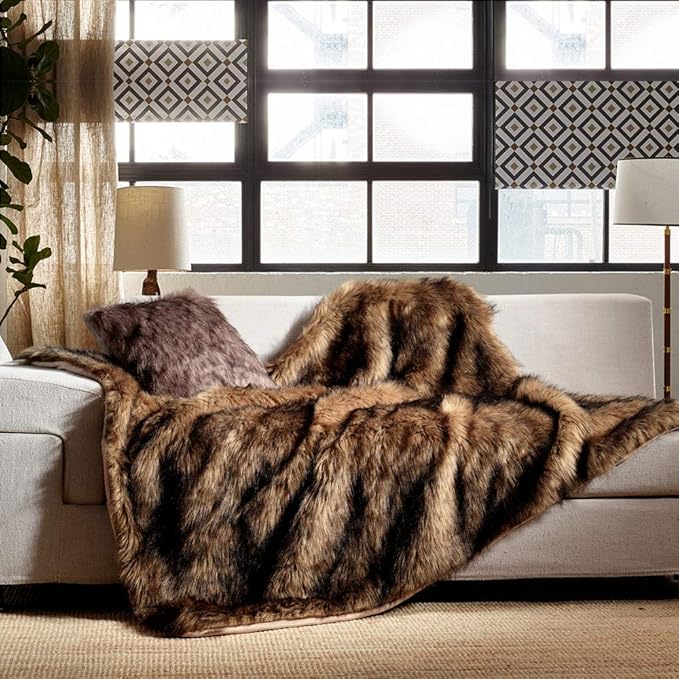 Luxury Plush Faux Fur Throw Blanket, Long Pile Brown with Black Tipped Blanket, Super Warm, Fuzzy, Elegant, Fluffy Decoration Blanket Scarf for Sofa, Armchair, Couch and Bed, 60''x 80''