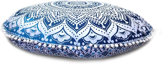 ICC 32" Blue Mandala Floor Pillow Cushion Cover Seating Throw Cover Hippie Decorative Bohemian Ottoman Poufs Cover, Pom Pom Pillow Cases, Boho Indian