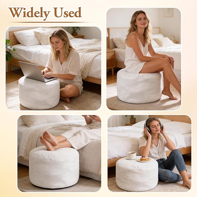 2PCS 20 * 20 * 12inch Unstuffed Ottoman Pouf Cover Unfillable Pouf Cover Foot Rest with Storage Corduroy Round Foot Stool Covers for Living Room Bedroom Home Decor,White