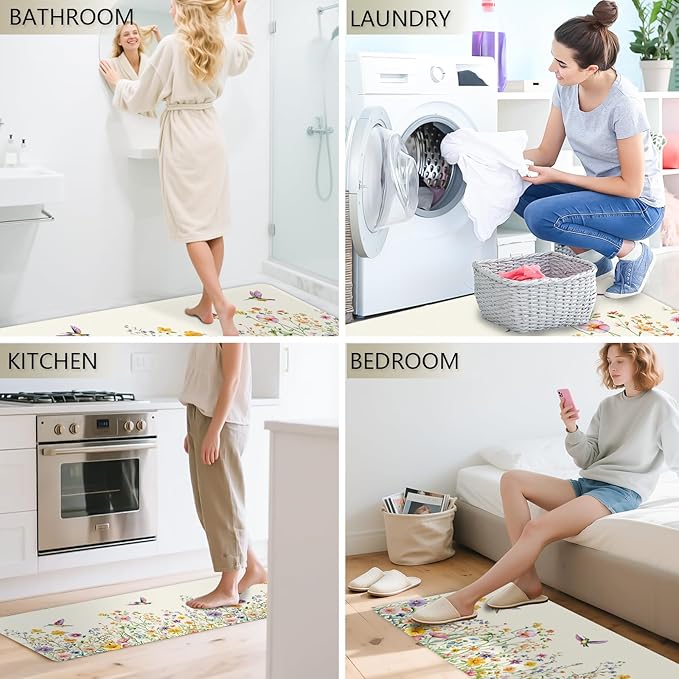 Flower Rugs for Kitchen Floor, ButterflyFloral Anti Fatigue Mats for Kitchen Floor Non Slip, 2PCS Rubber Kitchen Mat, Washable Cushioned Runner Carpet Rug for Sink Laundry 15.7"×27.5" +15.7"×47" 3.5mm