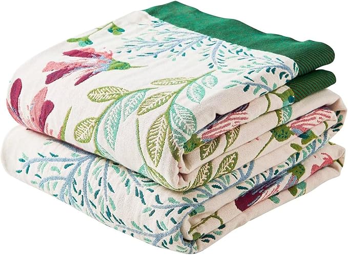 Boho Throw Blanket for Bed, 100% Cotton Soft Rustic Quilt Fall Blanket, 50"x60" Green Floral Printed Farmhouse Decor Bed Blankets, All Season Rustic Reversible Bohemian Throw Quilt