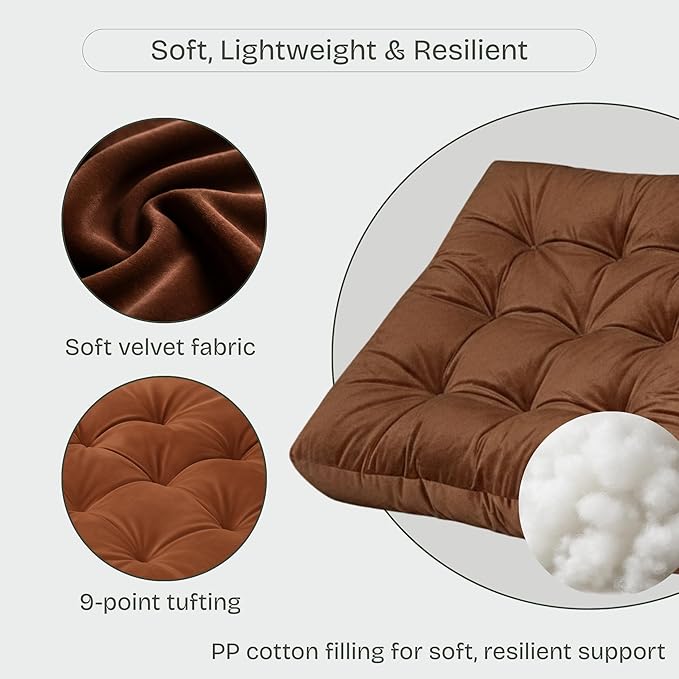 Meditation Floor Pillow Set of 2, Large Velvet Floor Pillows for Sitting, Tufted Floor Seating Cushions for Adults, Big Pillows for Yoga & Living Room, 22x22 Inch, Brown