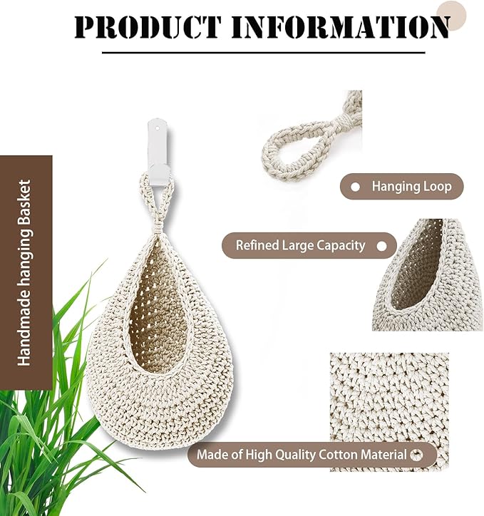 Hanging Fruit Basket Set of 3, Boho Wall Hanging Storage Basket for Organizing, Handmade Teardrop Hammock Holder for Fruit Vegetable in Home & Restaurant Kitchen with Hooks, White Cotton