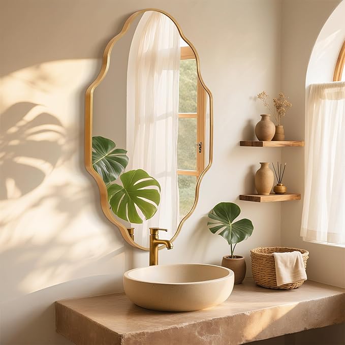 Scalloped Mirror for Bathroom - 26"x46" Gold Bathroom Mirror with Aviation Aluminum Alloy Frame & Shatter-Proof Glass for Living Room Bedroom Entryway, Brushed Gold Frame(x1)