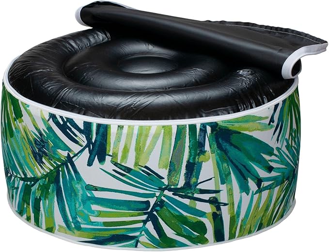 Magpie Fabrics Inflatable Stool Ottoman Pouf D20 xH9, Outdoor Round Footrest Footstool with Foot Pump, Portable for Patio Garden Travel Camping -Green Palm Leaves