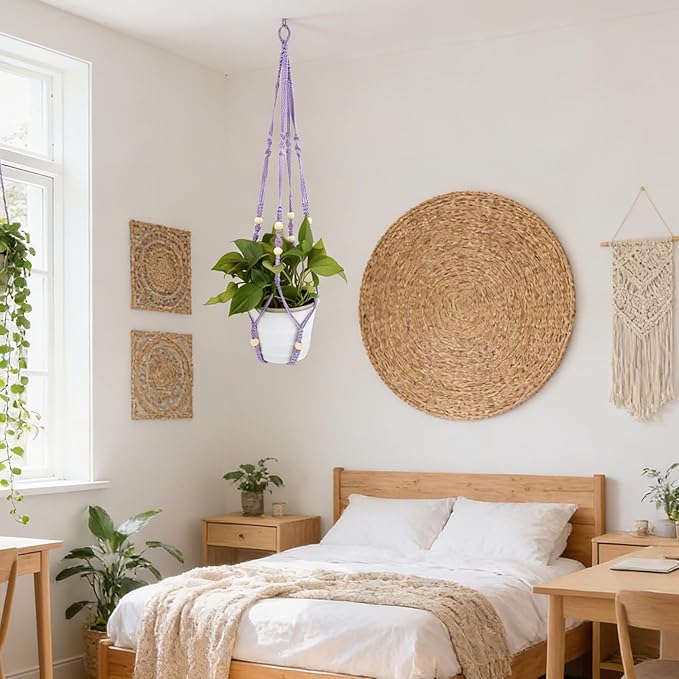 2 Pack Purple Macrame Plant Hangers, 35-Inch Cotton Rope Hanging Planters with Wooden Beads, Handmade Woven Plant Holders for Boho Modern Home Decor, Indoor & Outdoor Use