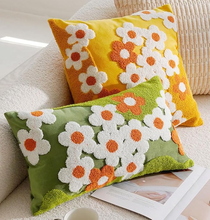 vctops Spring Floral Tufted Decorative Throw Pillow Covers Cute Flower Lumbar Pillow Cases Soft Velvet Couch Cushion Cover for Chair Sofa Bedroom Living Room Home Decor (Green,12"x20")
