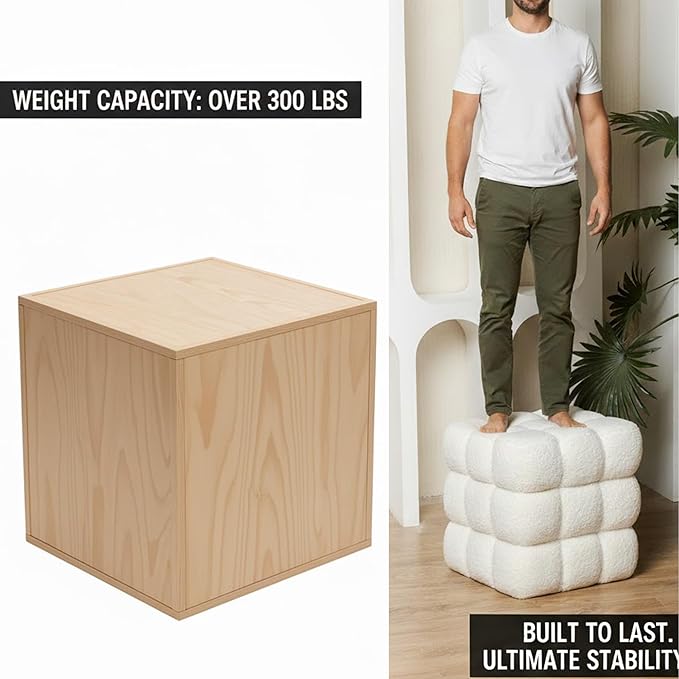 White Square Ottoman 17''3 Cube Pouf Installed,no Vacuum,Sturdy Wooden Frame,Capacity 330 lbs,Modern Sofa Stool Fuzzy Sherpa Footstool,Foot Rest,Cube Boucle,Vanity Stool,for Couch Living Room