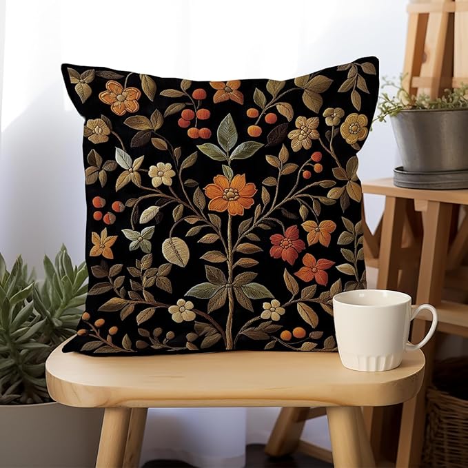 William Morris Abstract Vintage Print Floral Velvet Design Throw Pillow Covers Home Decor, Retro Art Decor Pillowcase Cushion Cover for Bed Sofa Living Room, Square 18x18inch (Black-Floral)