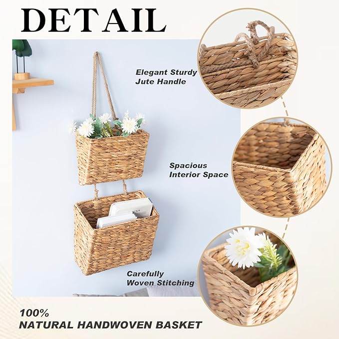 YAHUAN Woven Water Hyacinth Hanging Basket 2-Tiered Storage Baskets Hanging Organizer Hanging Wall Basket for Home,Pantry,Garden, Office Organization (Water Hyacinth)