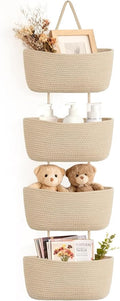 Dahey Over The Door Hanging Basket 4-Tier Woven Boho Wall Mounted Storage Organizer with Hooks for Bedroom Nursery Bathroom Apartments Dorm Pantry Decor, Jute