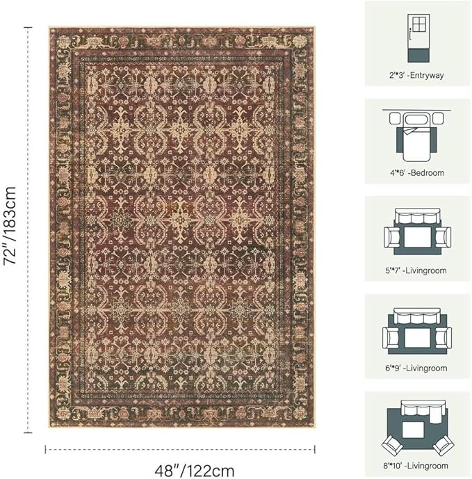 Area Rugs for Living Room Bedroom, Washable Christmas Rug, Vintage Oriental Boho Rug, Non Slip & Low Pile Faux Wool Thin Accent Carpet for Indoor Dining Room, Kids Room and Office(Red 4x6ft)