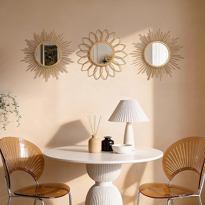 Boho Sunburst Wall Mirror Set of 3, 12 Inch Round Antique & Modern Metal Wall Art, Hanging Over The Door Mirrors for Wall Decor in Living Room, Bedroom, Bathroom, Entryway（Gold）