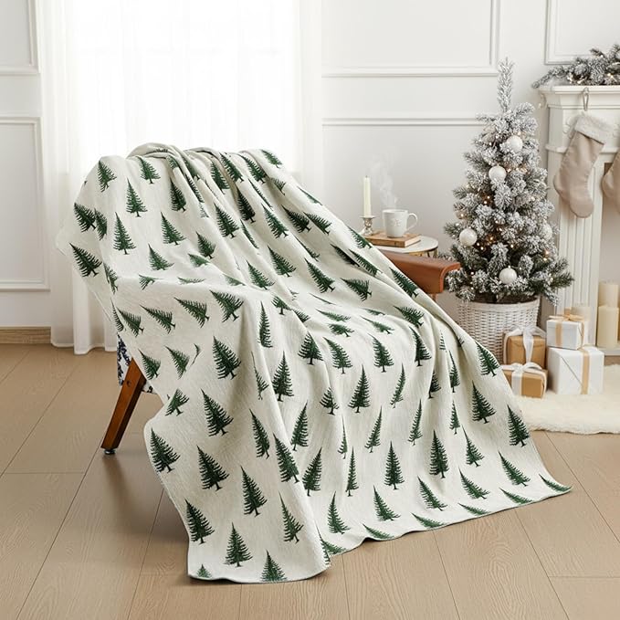 Floral Chenille Throw Blanket 50 x 60'' Farmhouse Vintage Boho Flower Blanket Soft Throw for Couch Bed Sofa Chair Living Room Outdoor Woven Decorative Home Gift(Brown)(Christmas Tree,Green)