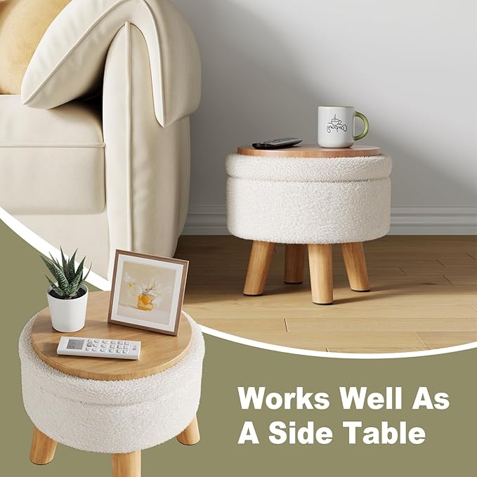 Small Ottoman Footrest, White Boucle Foot Stool, Round Pouf Ottoman with Storage, Teddy Velvet Foot Rest for Couch, Living Room, Nursery, Small Coffee Table Ottomans Stool
