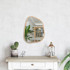 Irregular Bathroom Mirror Modern Wall Mirror Asymmetrical Wooden Framed Wall Mirror Unique Shape Wall Mounted Vanity Artistic Mirror Decor for Living Room Bedroom Entryway Small 16"x12"