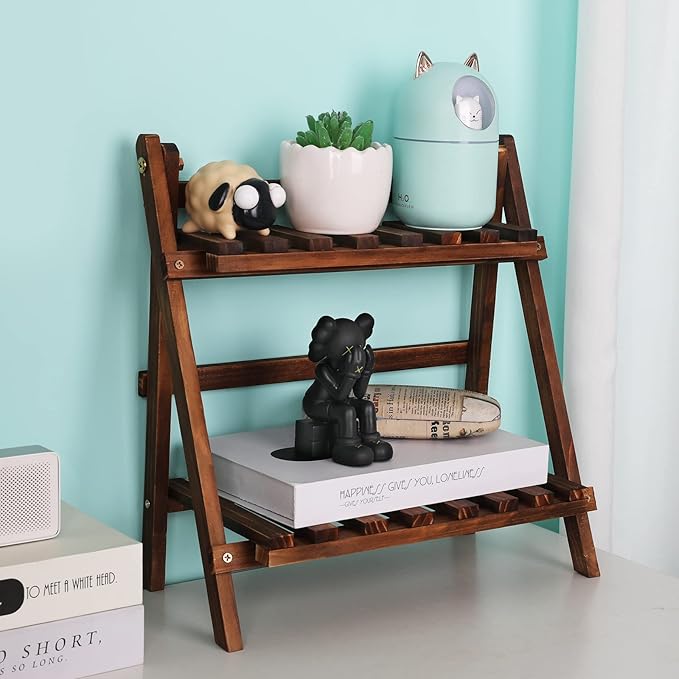 2 Tier Tabletop Plant Stand Step Style Desktop Storage Organizer Wood Display Shelf Decorative Storage Rack, Foldable Small Plant Shelf