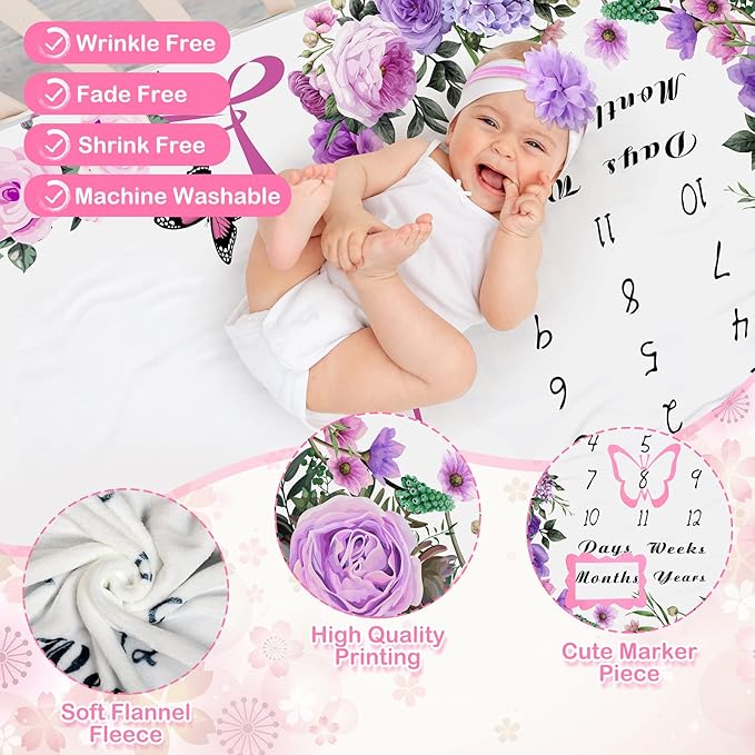 Chumia 6 Pcs Baby Monthly Milestone Blanket for Girl 60" x 40" Butterfly Milestone Blanket Age Photo Photography Backdrop with Newborn Calendar Growth Chart Bib Headband(Purple,Floral Pattern)
